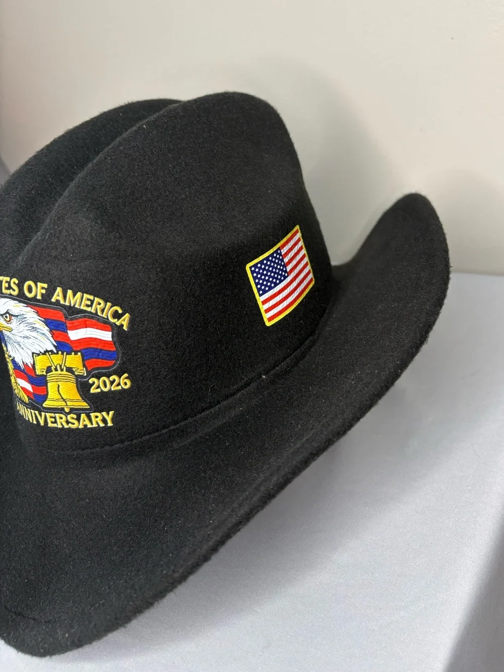 Black Felt Cowboy Hat with Patriotic 250th Anniversary Patch